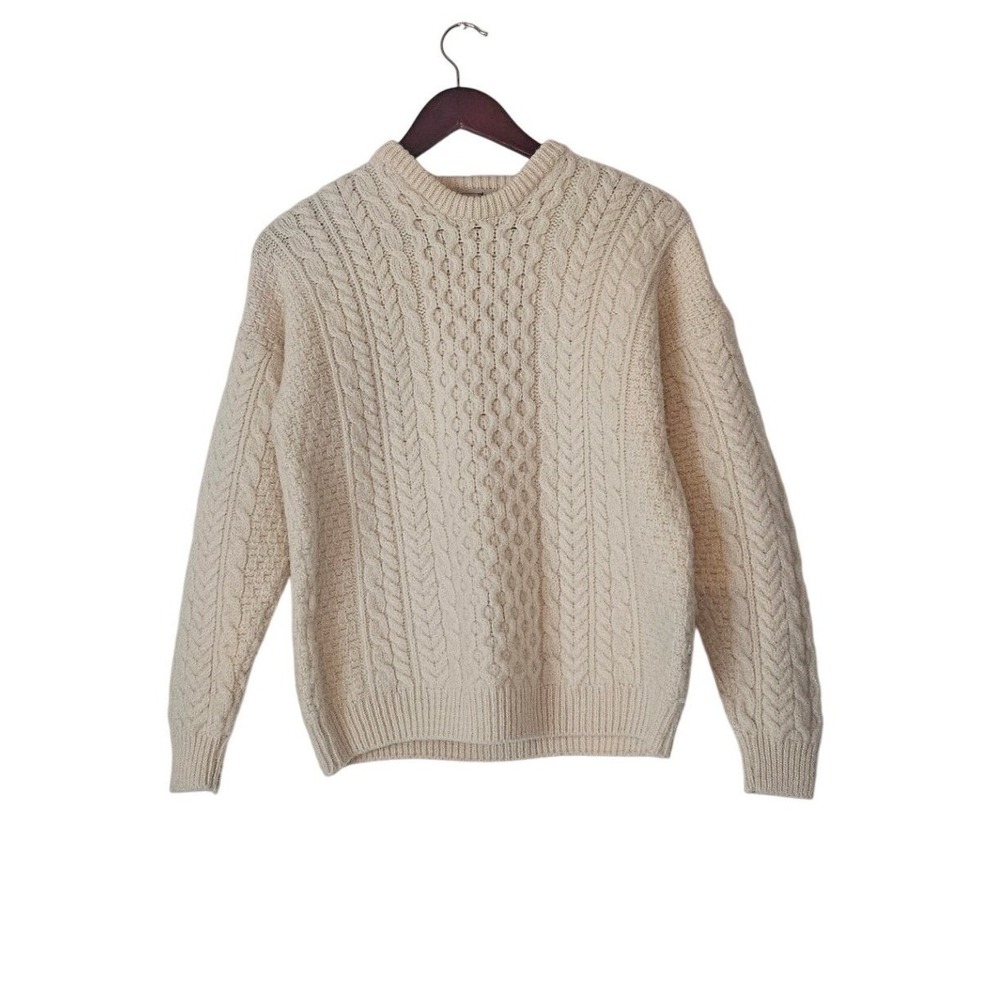 Aran Sweater Market Merino Wool Irish Cable Knit Fisherman Sweater Cream Size M